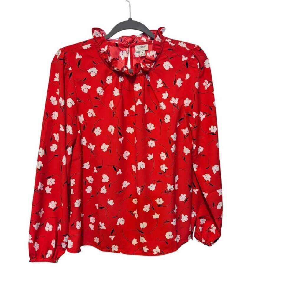 J. Crew Ruffle Neck Red Poppy Long Sleeves Blouse